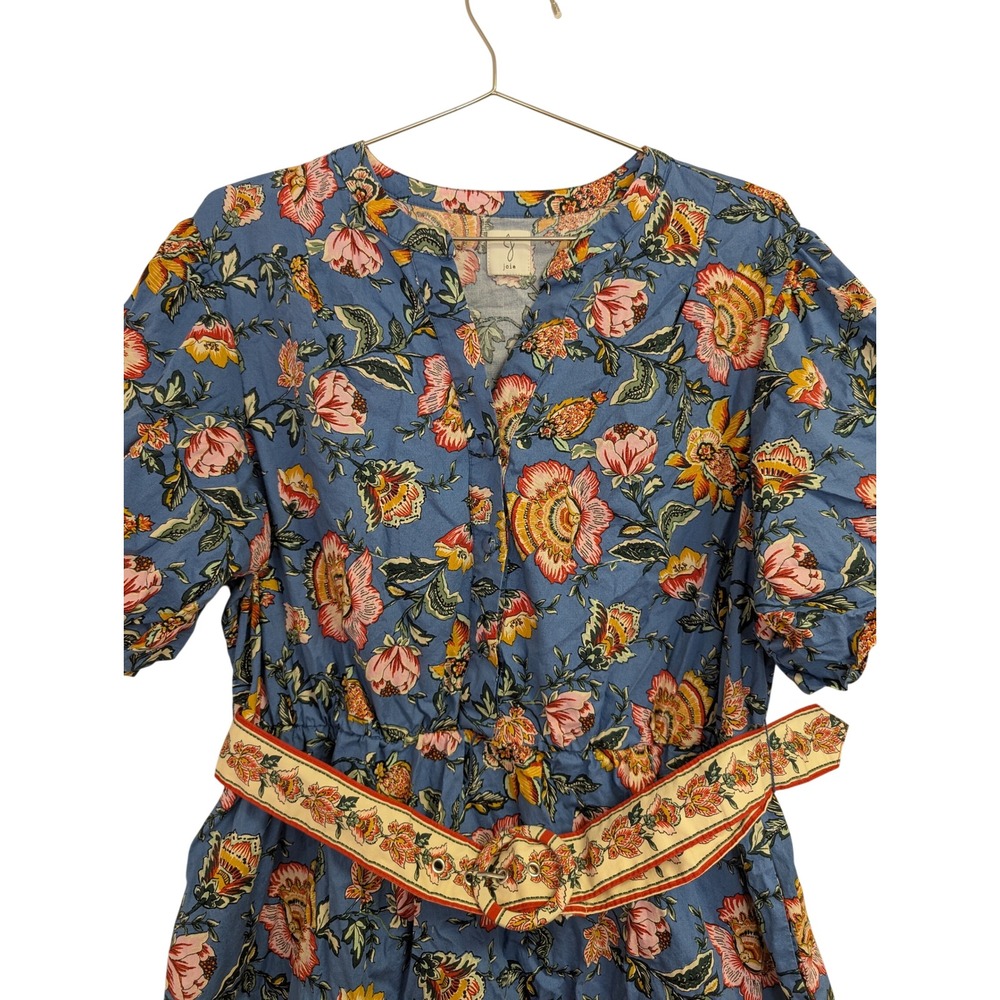 Joie Baha Floral Dress Puff Sleeve Belted Preppy Colorful Blue Size 10 - Picture 3 of 8